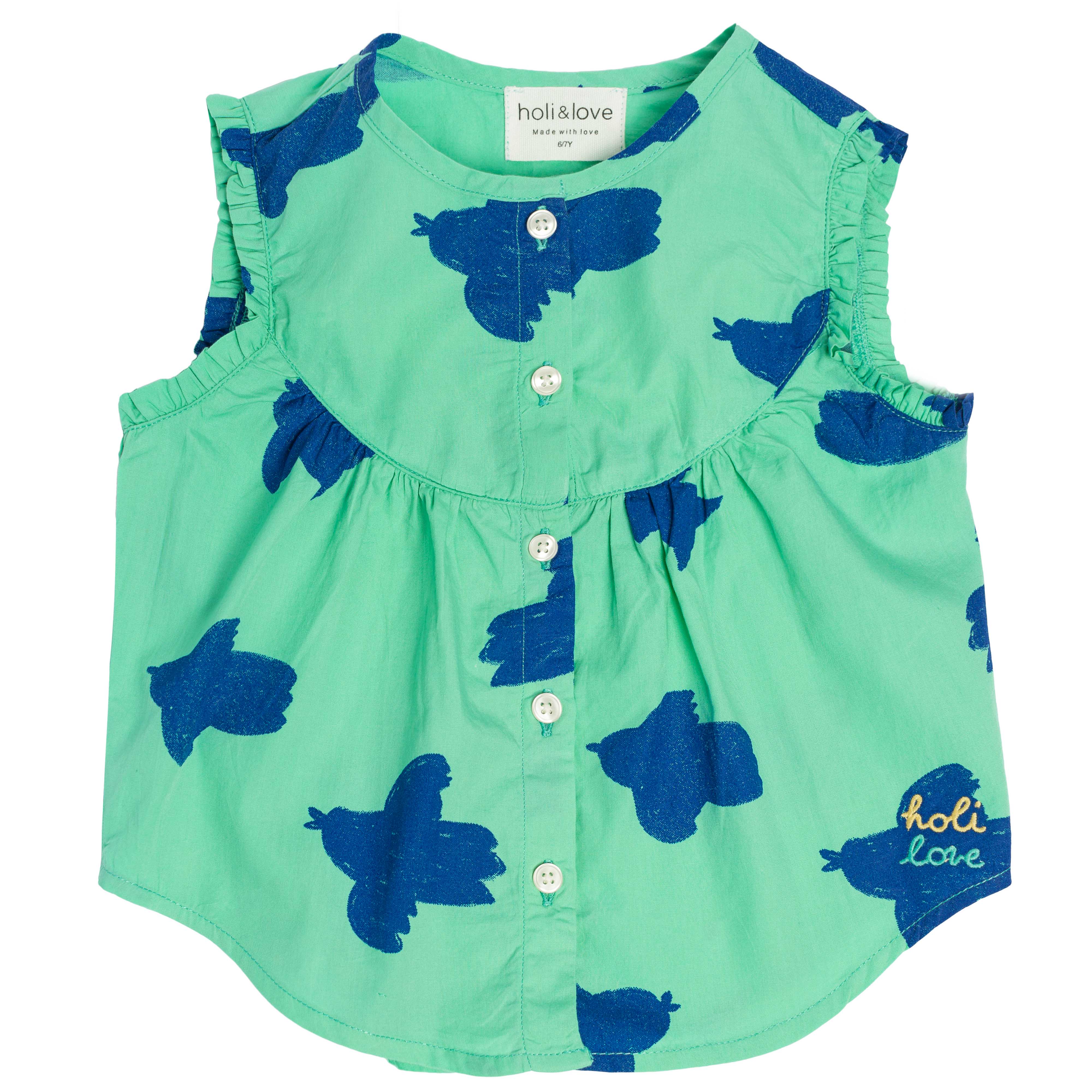 Blouse sans manches boutonnée sur le devant, en coton, imprimé vert motif oiseaux bleus, vue recto