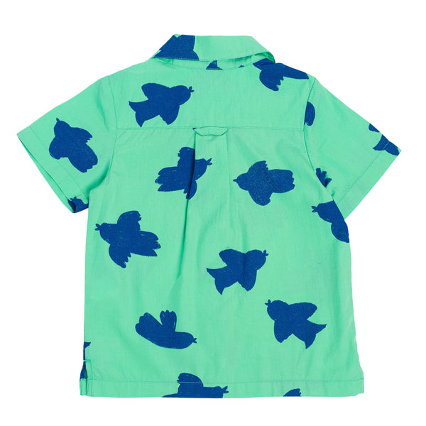 Chemise ARI manches courtes pour enfant en coton 100% bio, vêtement mixte unisexe style vintage, imprimé vert motif oiseaux bleus, vue verso