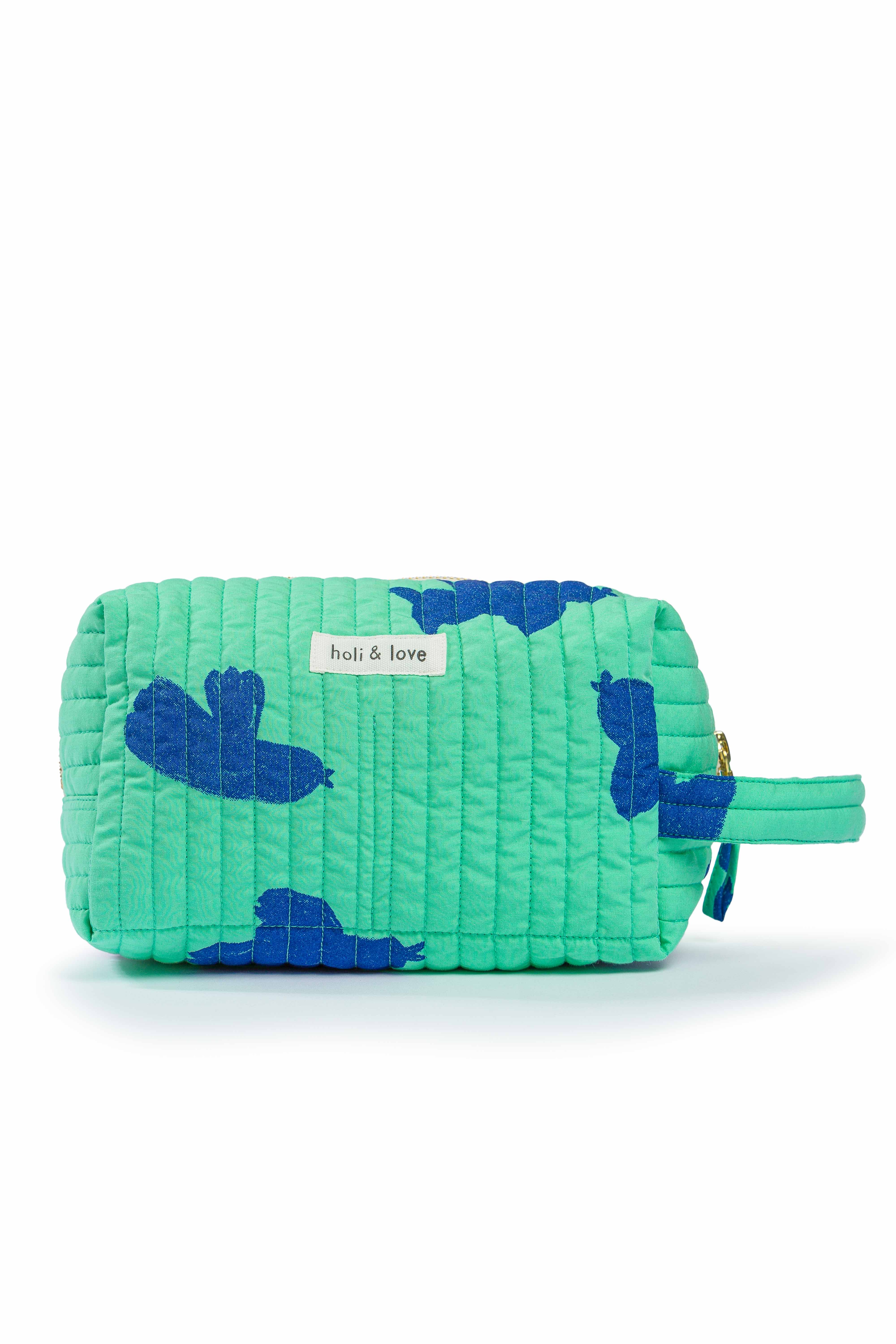 Trousse de toilette en coton , imprimé vert motif oiseaux bleus