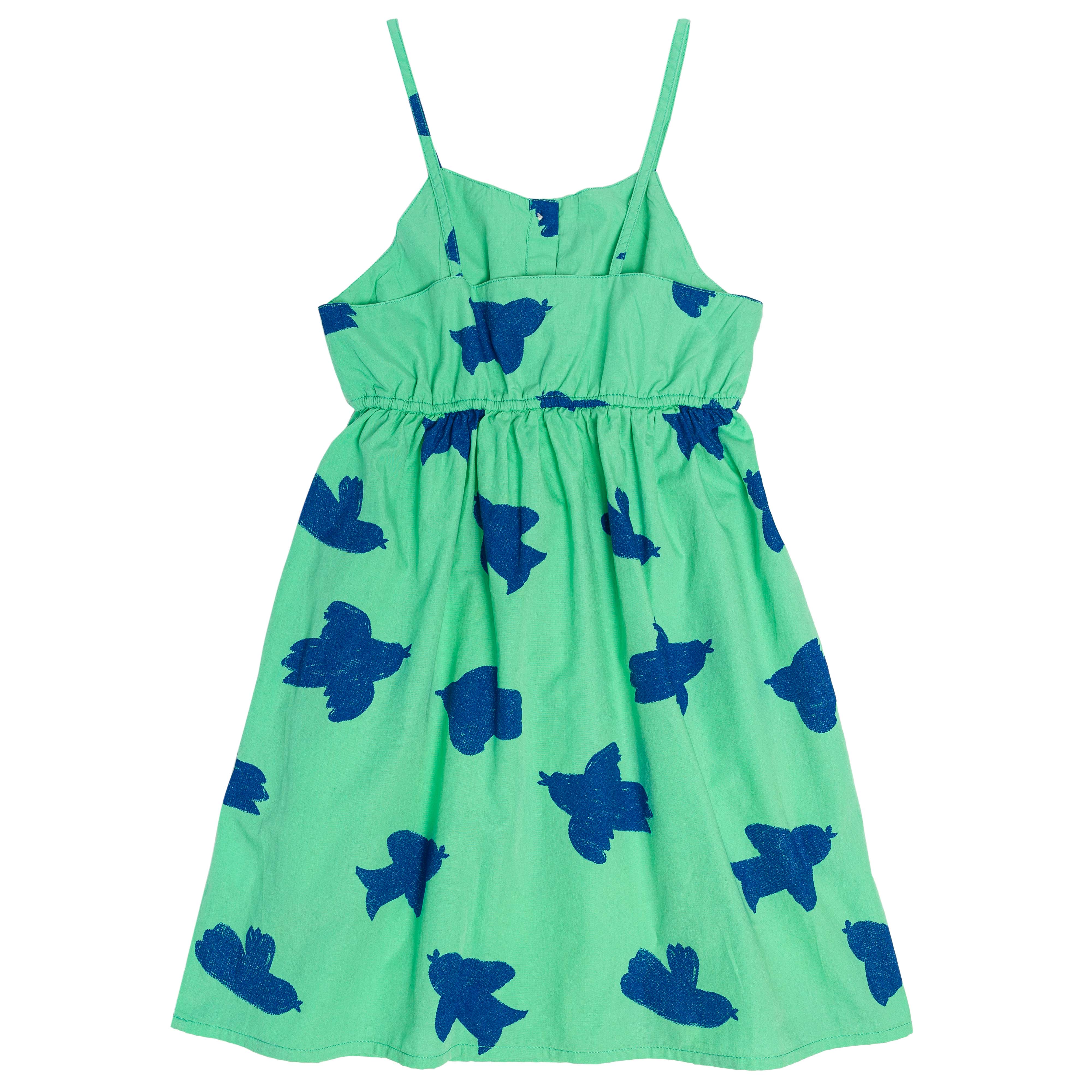 robe à bretelles boutonnée sur le haut devant, en coton bio, vêtement mixte unisexe style vintage, imprimé vert motif oiseaux bleus, vue verso