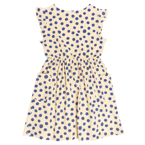 robe sans manches avec deux poches, vêtement mixte unisexe style vintage, imprimé à pois bleus, vue verso