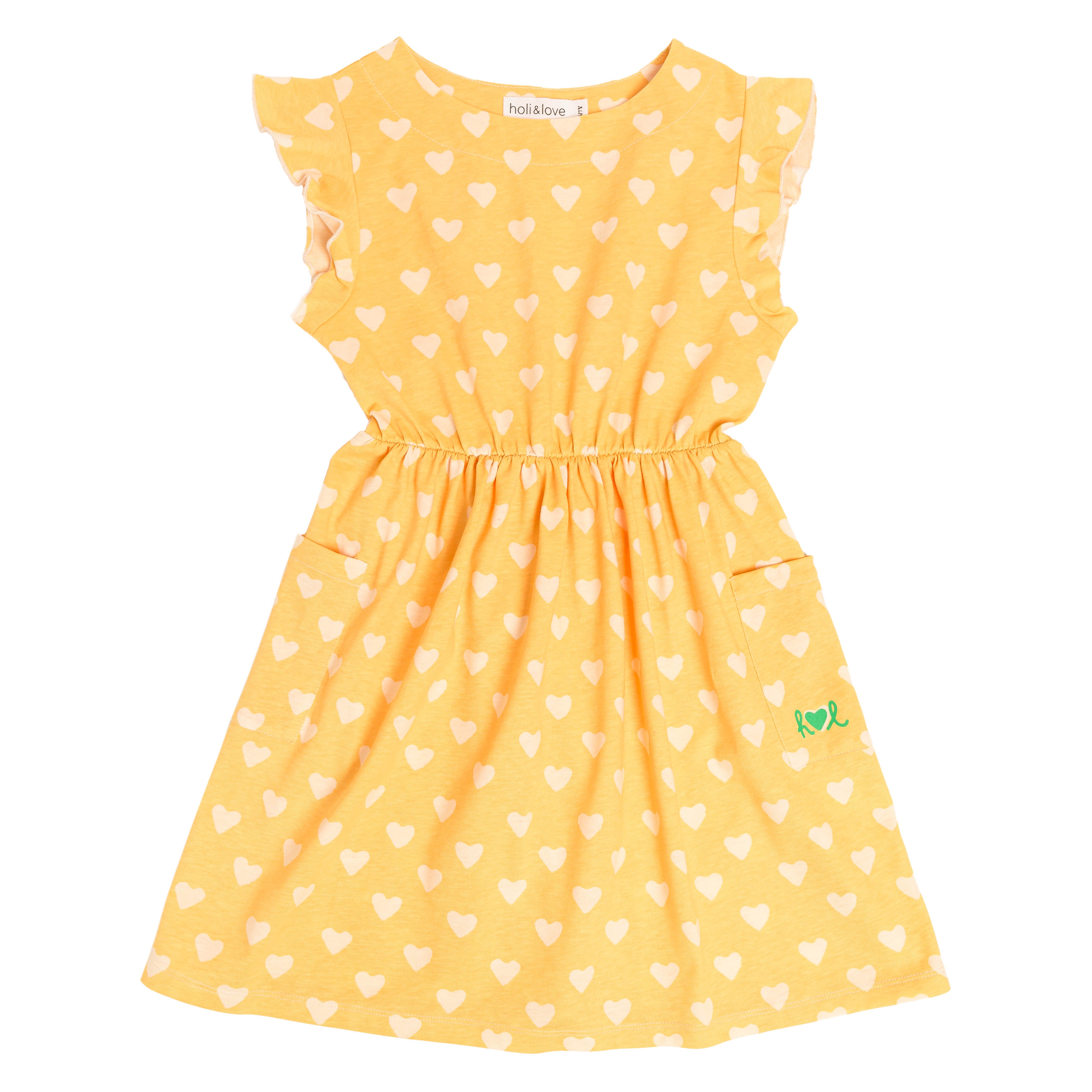 robe sans manches avec deux poches, vêtement mixte unisexe style vintage, imprimé jaune motif cœur, vue recto