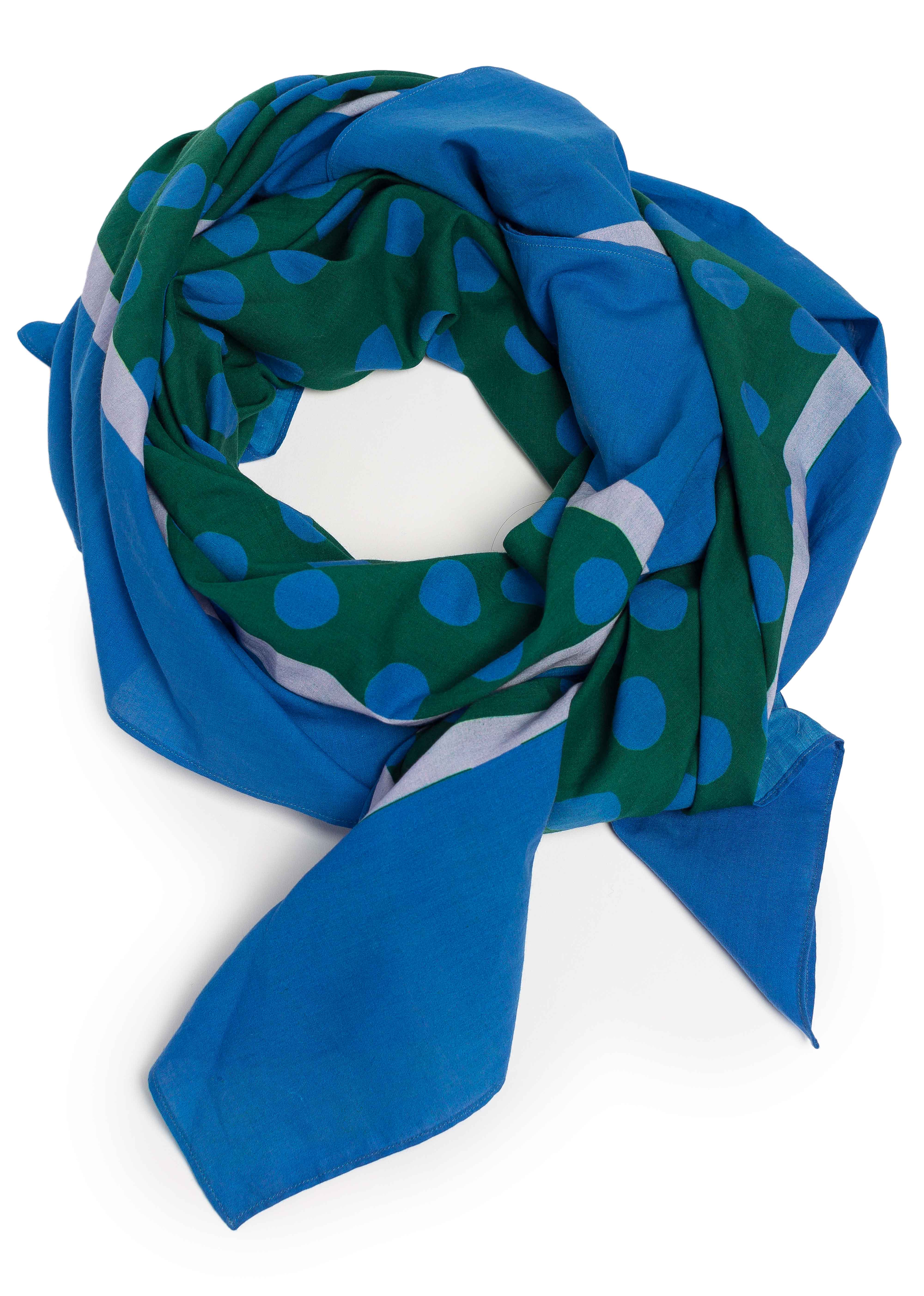 Foulard femme, imprimé bleu motif à pois verts, vue enroulé