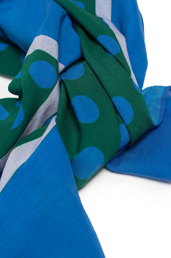 Foulard femme, imprimé bleu motif à pois verts, vue détail