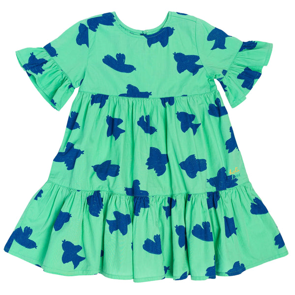 Robe longue babydoll EDNA  pour enfant en coton mixte unisexe style vintage imprimé vert motif oiseau, vue recto