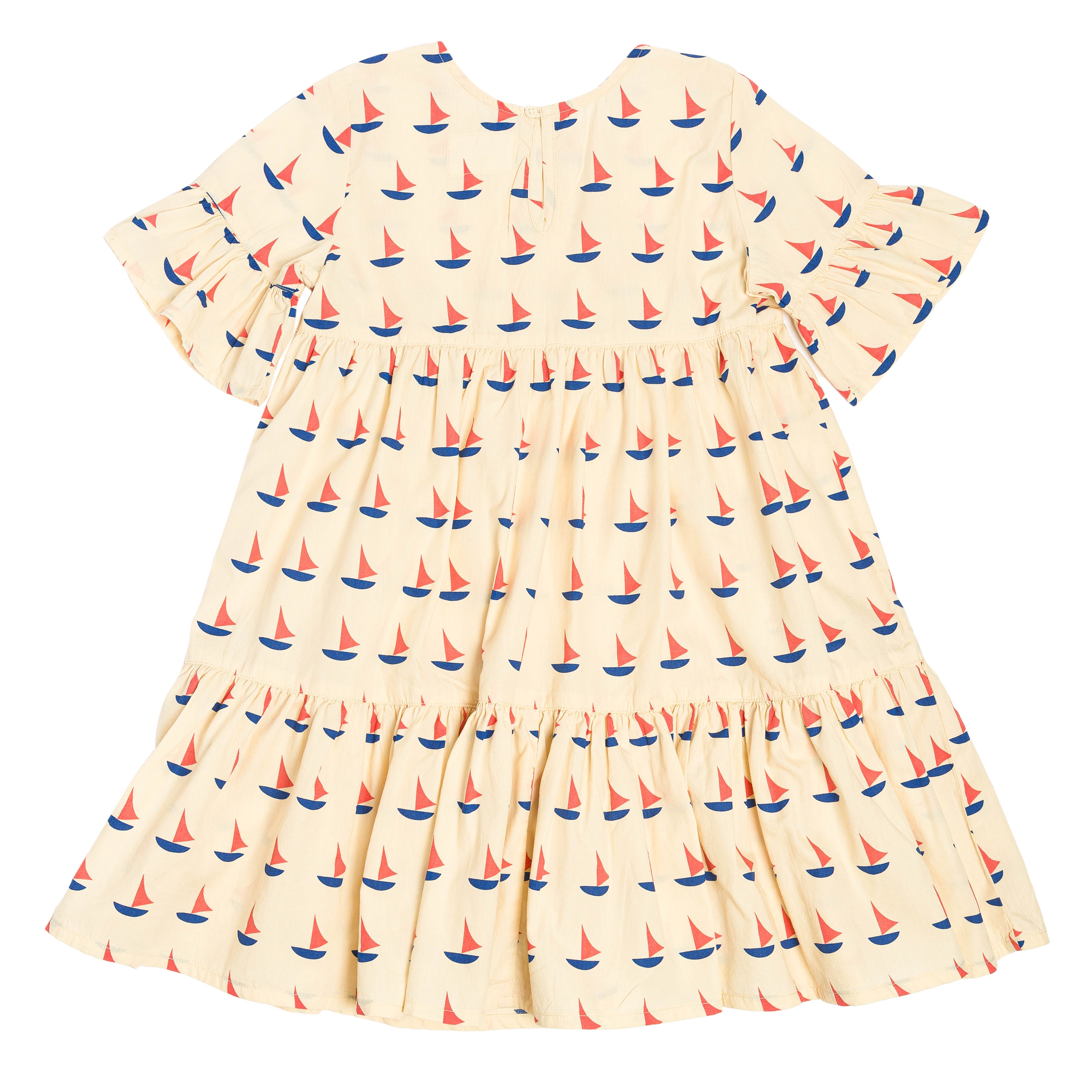 Robe longue babydoll EDNA  pour enfant en coton mixte unisexe style vintage imprimé beige motif bateau, vue verso