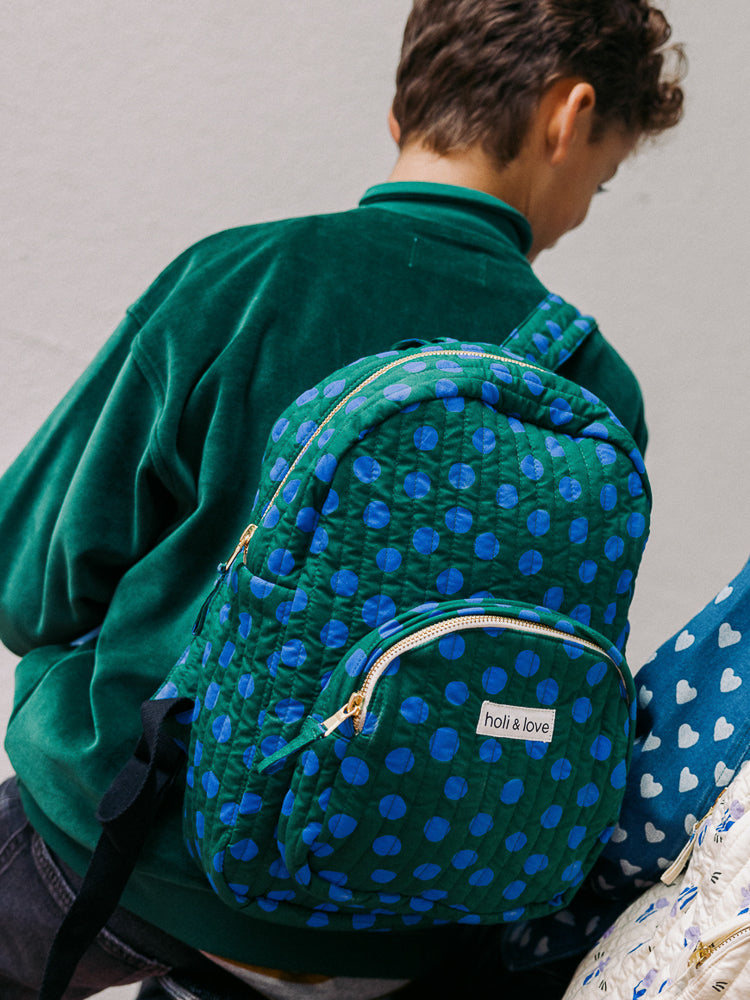 Sac à dos pour enfant avec une poche exterieure, fermeture zip, coton biologique, accessoire de mode ethique, style vintage mixte unisexe, imprimé vert à pois bleus