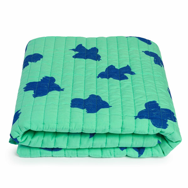 Plaid matelassé en coton, imprimé vert motif oiseaux bleus