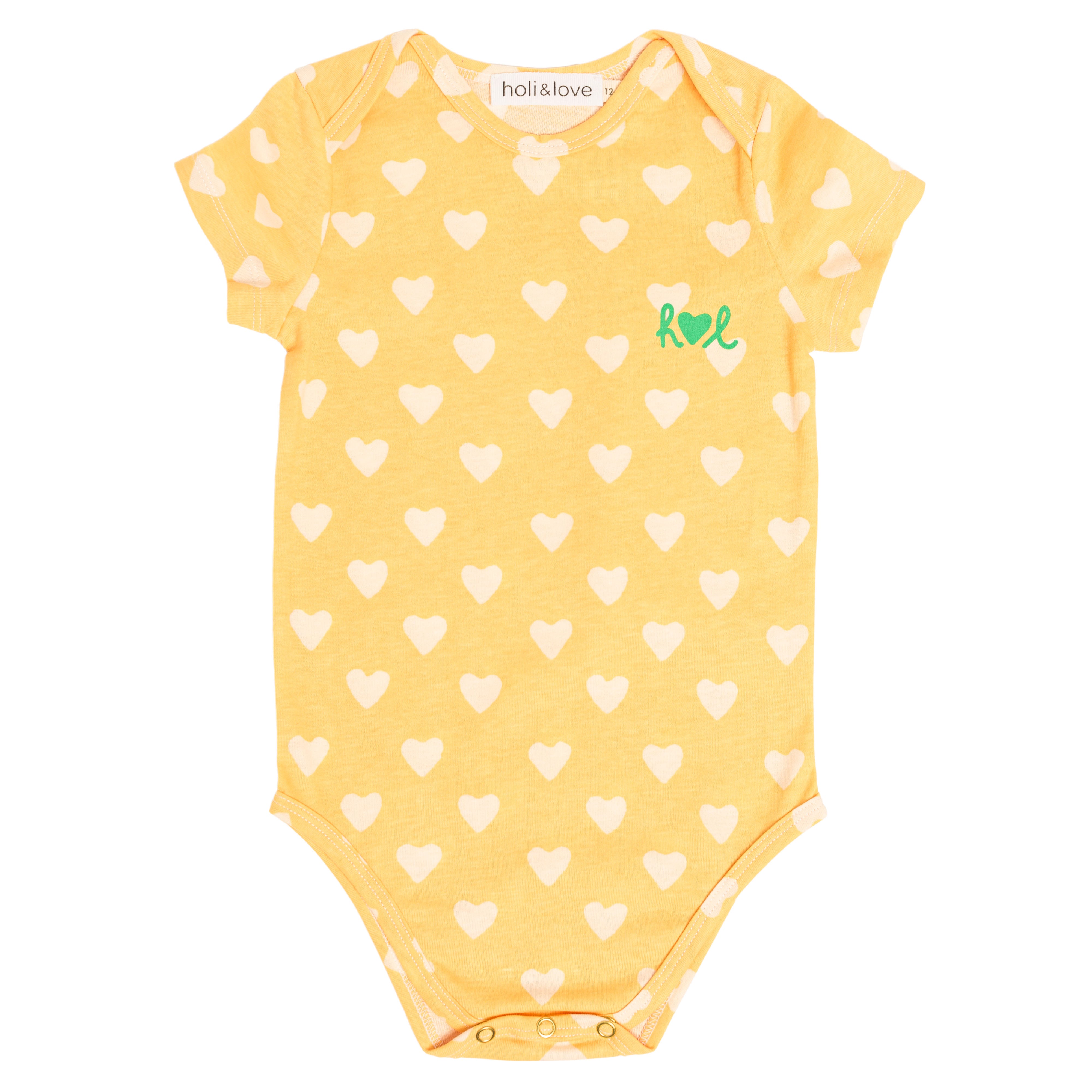 Body bébé à manches courtes, collection bébé naissance en coton bio Baby Care, imprimé jaune motif cœur, vue recto