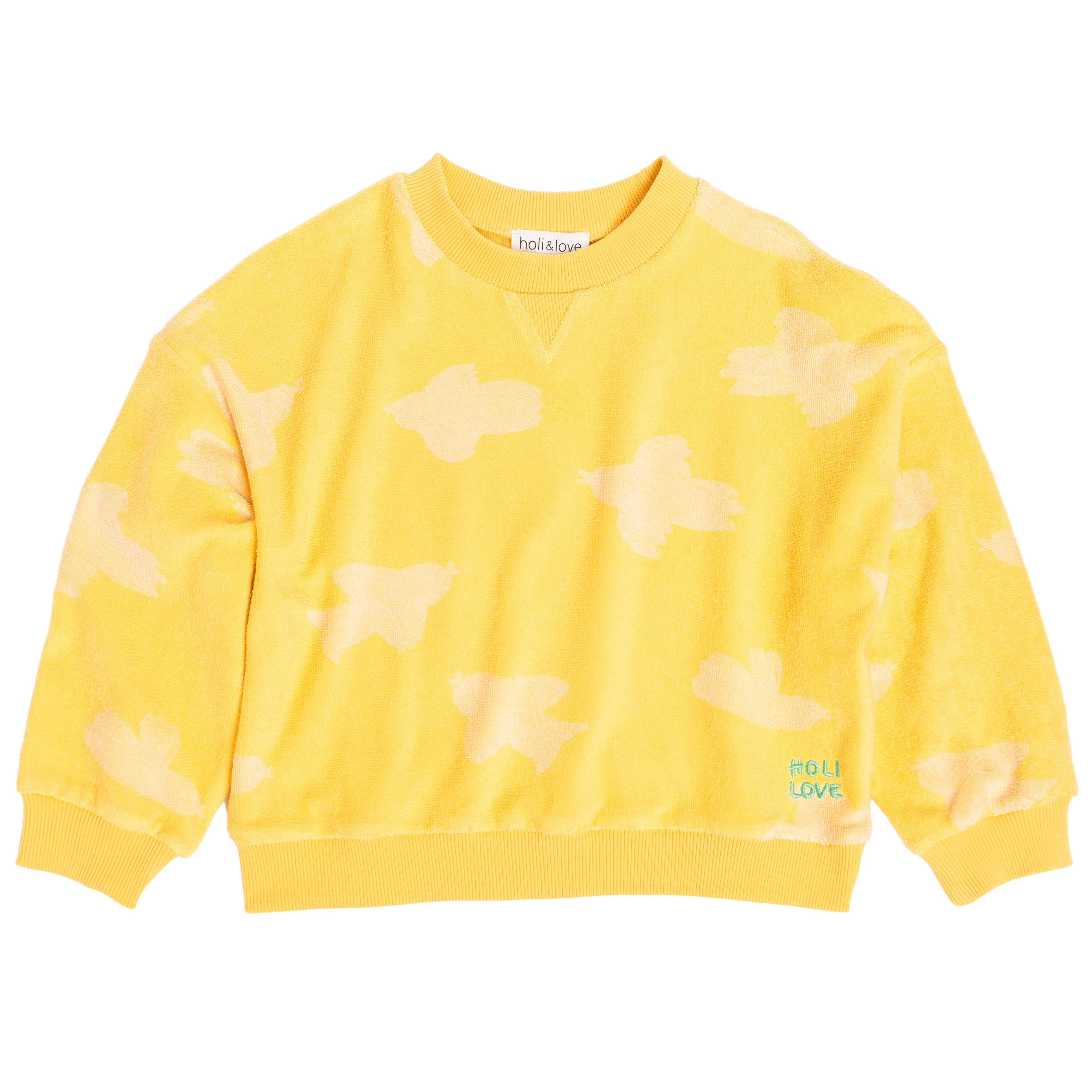 Sweatshirt, col rond, coupe ajustée aux poignets des manches, imprimé jaune motif oiseau, vue recto