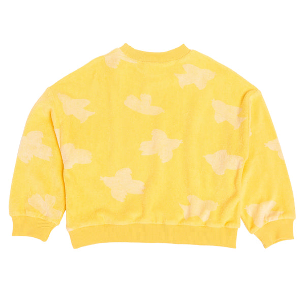Sweatshirt, col rond, coupe ajustée aux poignets des manches, imprimé jaune motif oiseau, vue verso