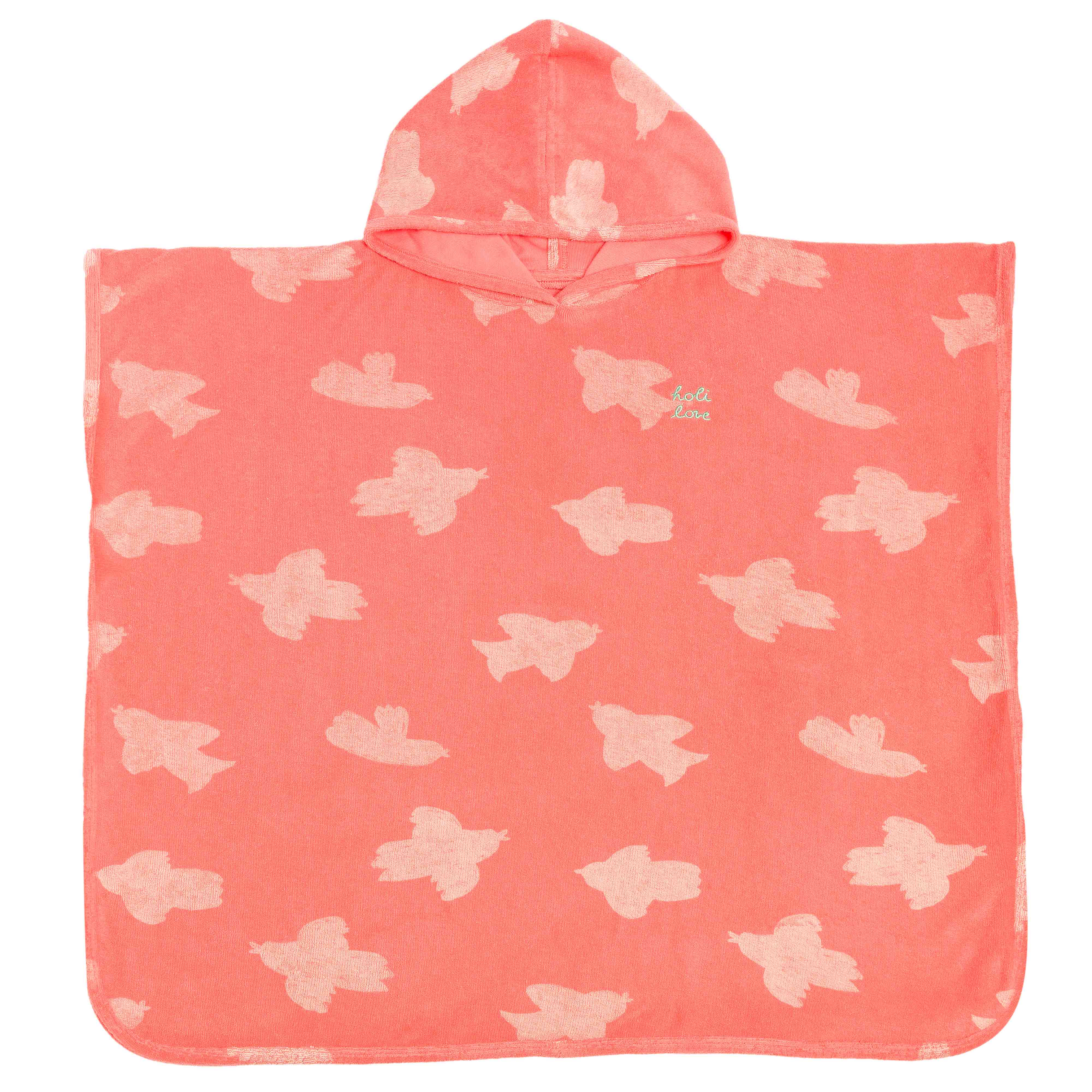 Poncho de bain ou de plage, tissu éponge, imprimé rose motif oiseaux beige