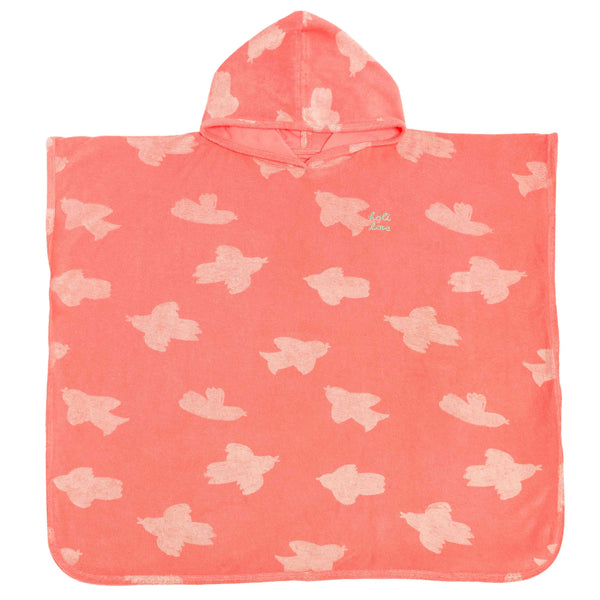 Poncho de bain ou de plage, tissu éponge, imprimé rose motif oiseaux beige