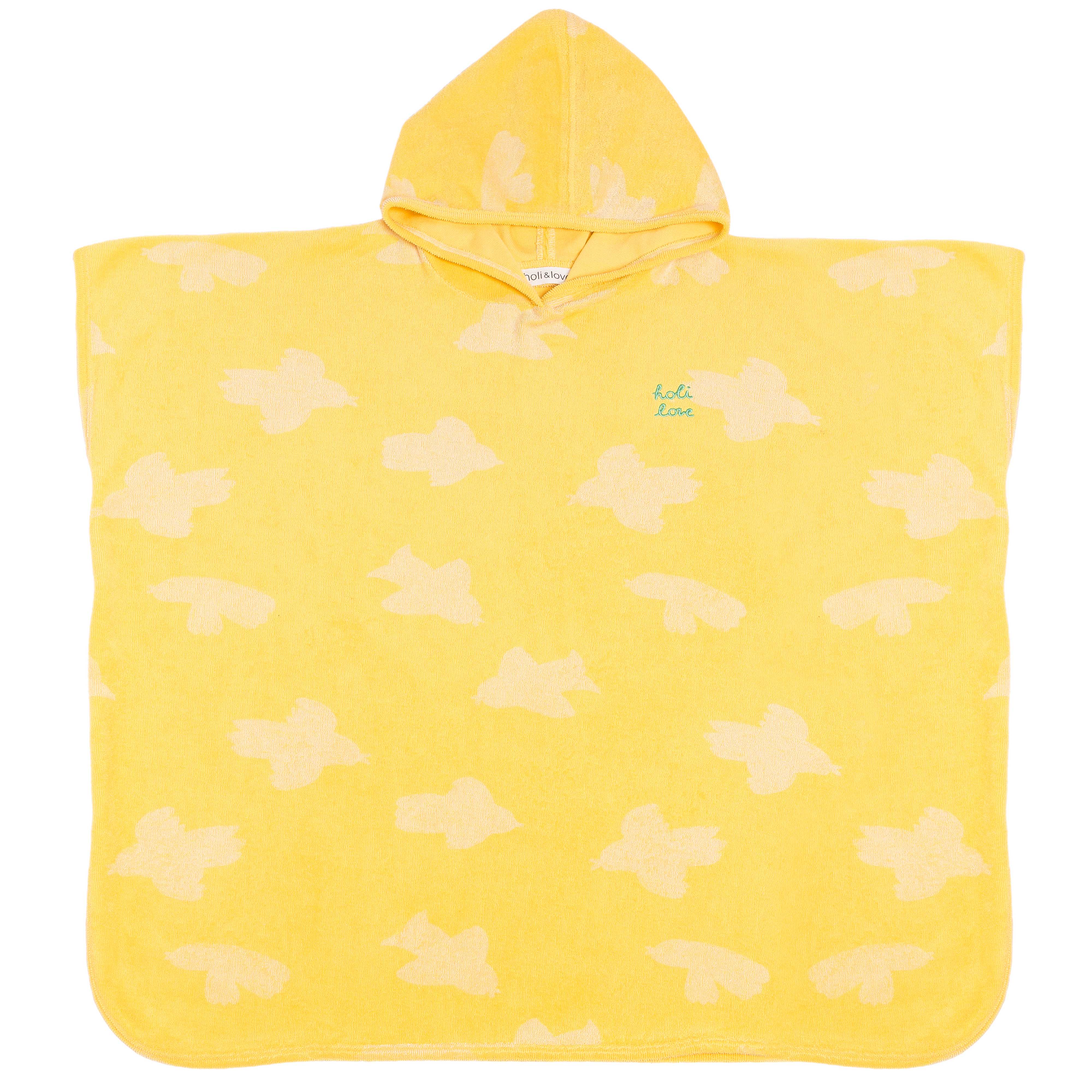 Poncho de bain ou de plage, tissu éponge, imprimé jaune motif oiseaux beige