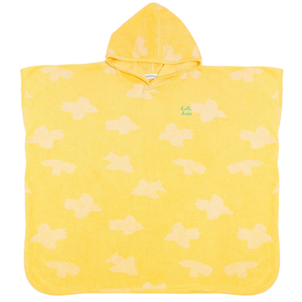 Poncho de bain ou de plage, tissu éponge, imprimé jaune motif oiseaux beige