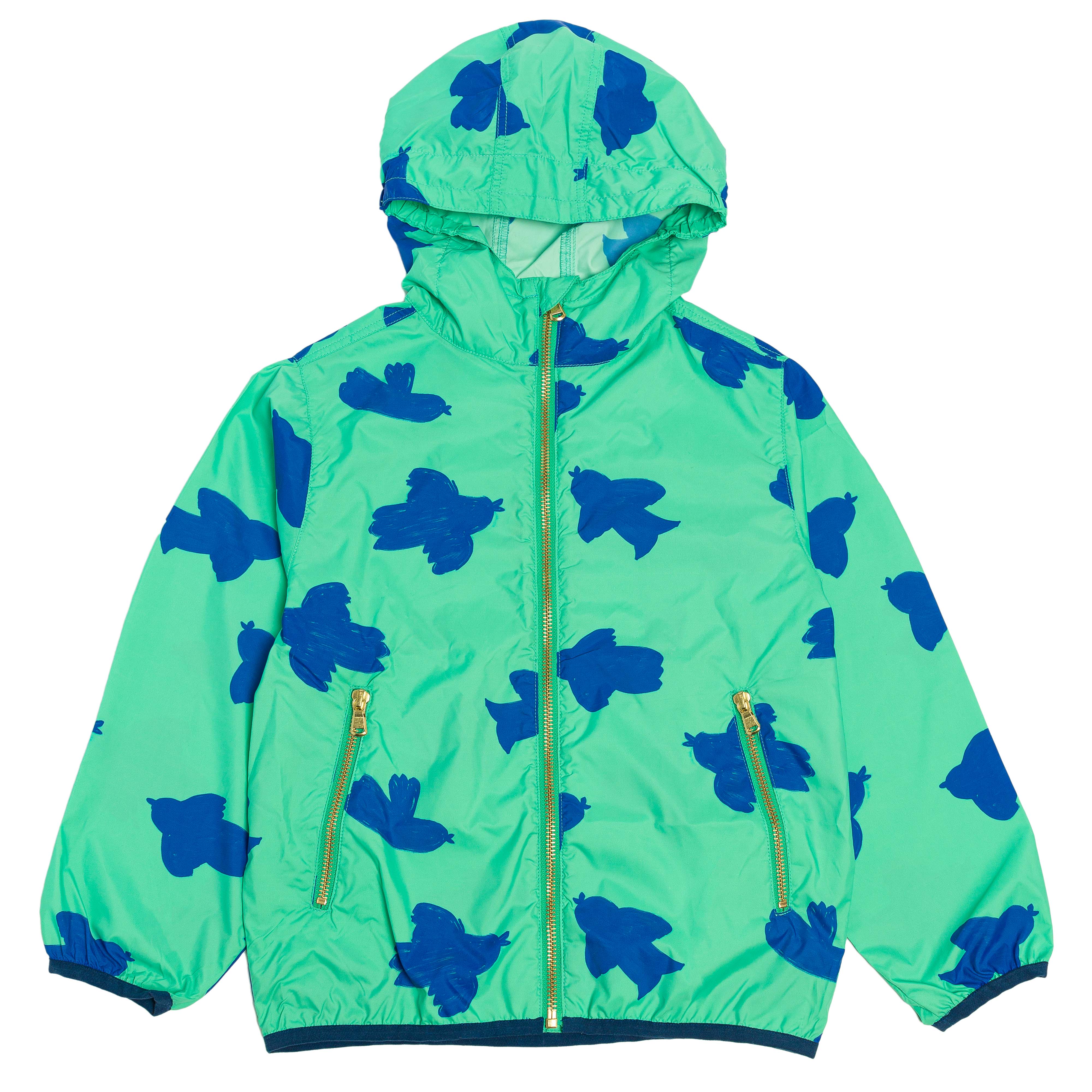 Coupe-vent à capuche et poches pour enfant en coton mixte unisexe style vintage imprimé vert motif oiseau bleu, vue recto