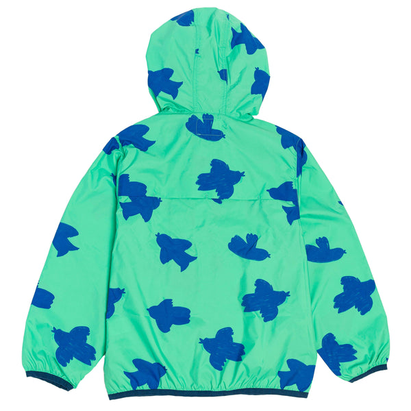Coupe-vent à capuche et poches pour enfant en coton mixte unisexe style vintage imprimé vert motif oiseau bleu, vue verso