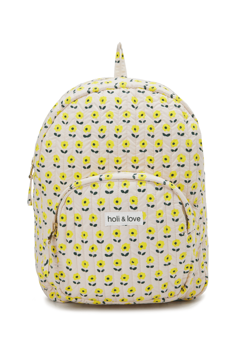 Sac à dos pour enfant avec une poche exterieure, fermeture zip, couleur beige motif à fleurs jaunes, coton biologique, accessoire de mode ethique en coton bio mixte unisexe