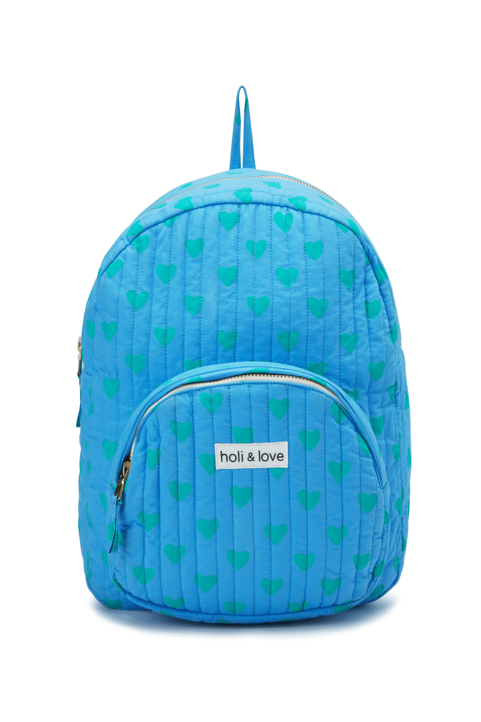 Sac à dos pour enfant avec une poche extérieure, fermeture zip, couleur bleu Hawaii motif cœurs verts, coton biologique, accessoire de mode ethique en coton bio mixte unisexe