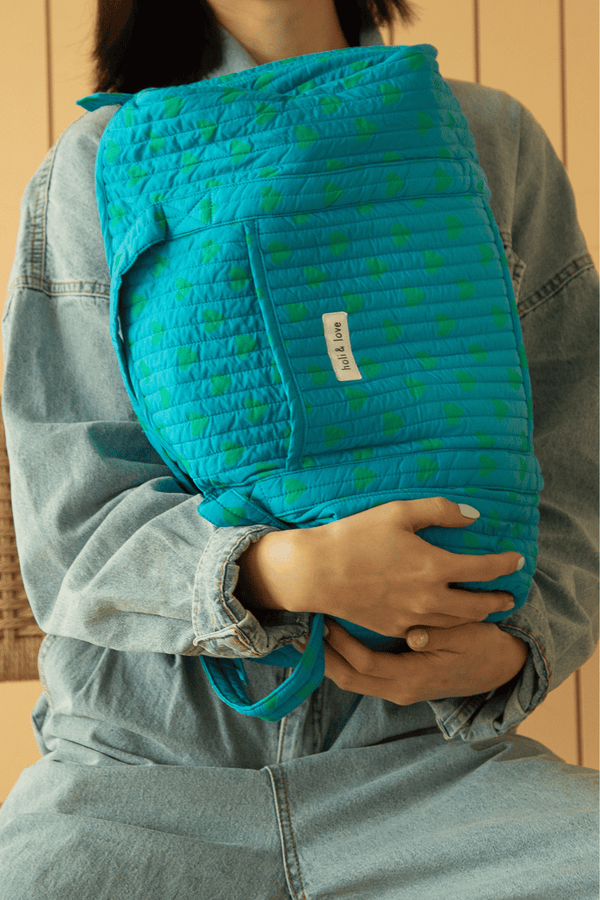Sac weekend de voyage, sac à langer de maternité, couleur bleu Hawaii motif cœurs verts, accessoire de mode ethique en coton bio mixte unisexe