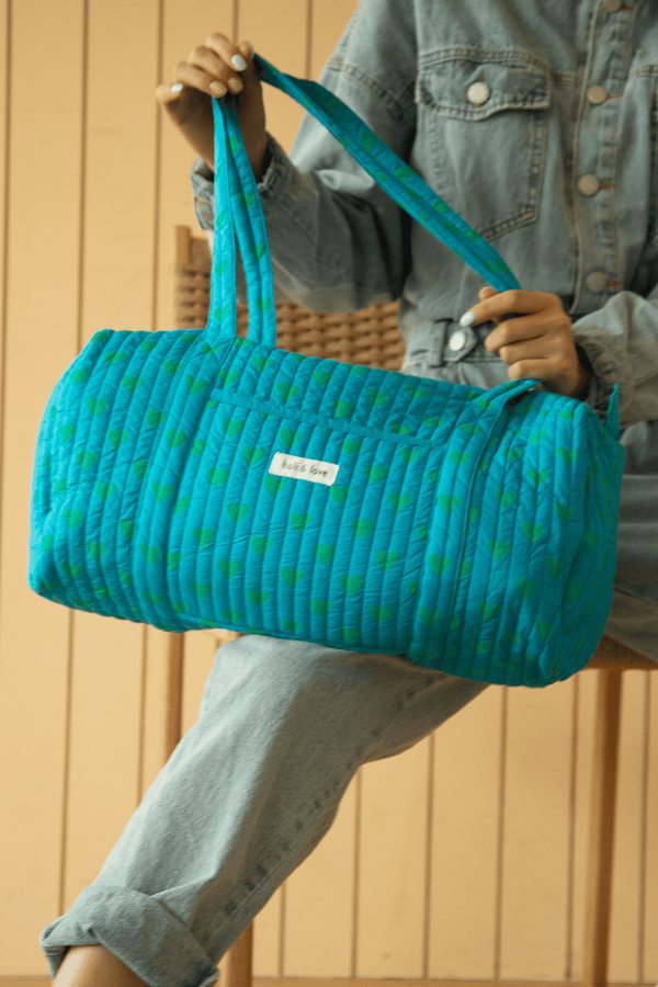Sac weekend de voyage, sac à langer de maternité, couleur bleu Hawaii motif cœurs verts, accessoire de mode ethique en coton bio mixte unisexe