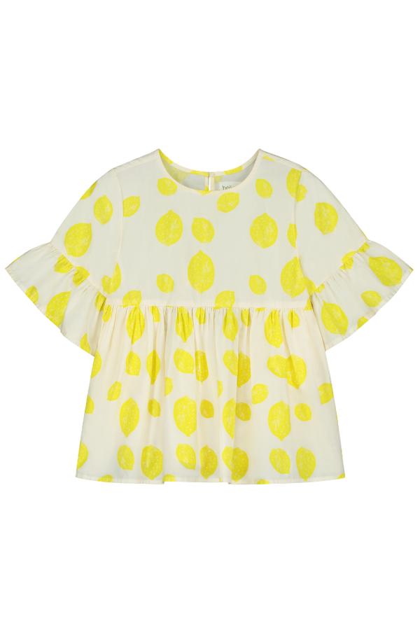 Blouse PIA chemise haut à volants  pour enfant bébé mixte unisexe en coton 100% bio certifié GOTS style vintage imprimé citrons, vue recto