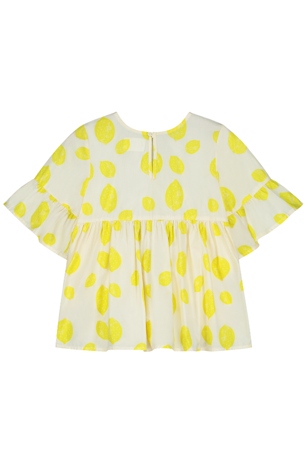 Blouse PIA chemise haut à volants  pour enfant bébé mixte unisexe en coton 100% bio certifié GOTS style vintage imprimé citrons, vue verso