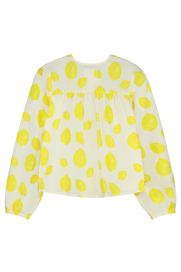 Blouse SASHA chemise à manches longues col rond pour enfant mixte unisexe en coton 100% bio certifié GOTS style vintage imprimé citrons, vue verso