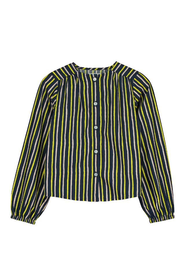 Blouse SASHA chemise à manches longues col rond pour enfant mixte unisexe en coton 100% bio certifié GOTS style vintage imprimé rayures bleu marine rose et jaune, vue recto