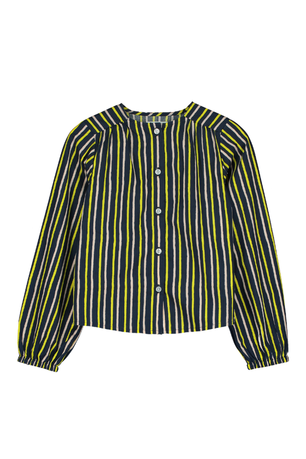 Blouse SASHA chemise à manches longues col rond pour enfant mixte unisexe en coton 100% bio certifié GOTS style vintage imprimé rayures bleu marine rose et jaune, vue recto