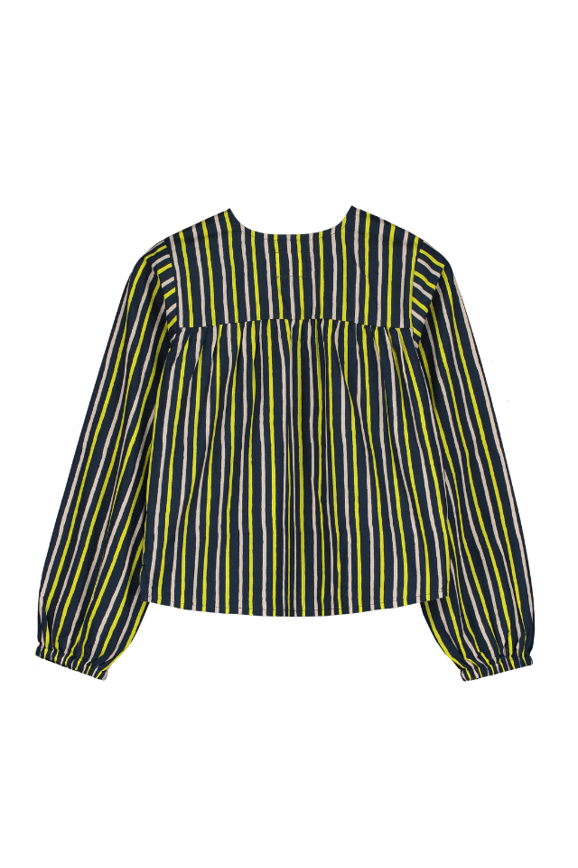 Blouse SASHA chemise à manches longues col rond pour enfant mixte unisexe en coton 100% bio certifié GOTS style vintage imprimé rayures bleu marine rose et jaune, vue verso