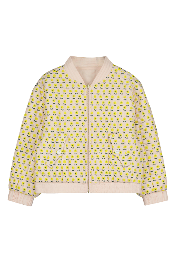 Bomber GABY avec poches pour enfant en coton 100% bio certifié GOTS mixte unisexe style vintage imprimé petites fleurs jaunes, vue recto