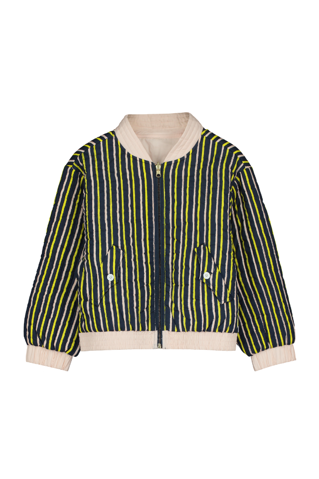 Bomber GABY avec poches pour enfant en coton 100% bio certifié GOTS mixte unisexe style vintage imprimé rayures bleu marine rose jaune, vue recto