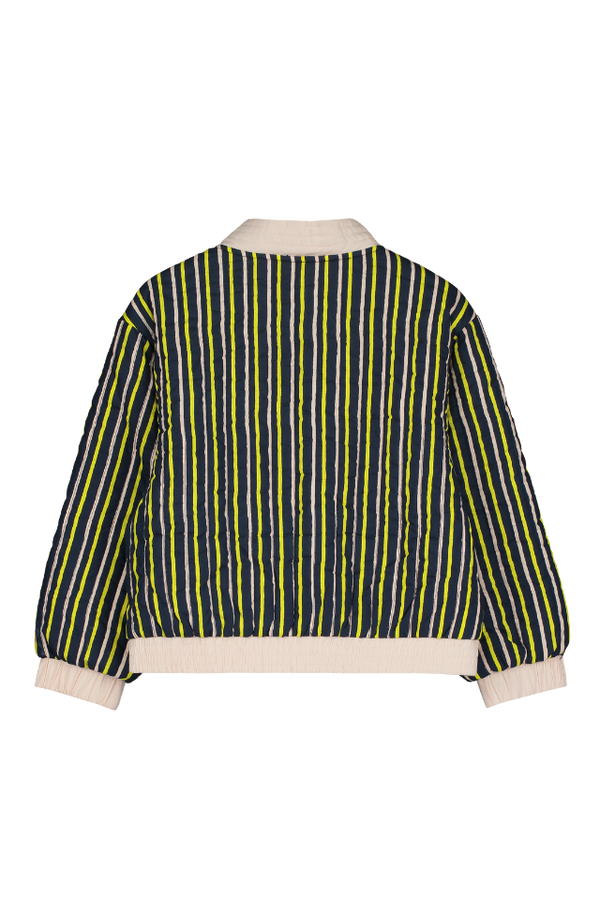 Bomber GABY avec poches pour enfant en coton 100% bio certifié GOTS mixte unisexe style vintage imprimé rayures bleu marine rose jaune, vue verso