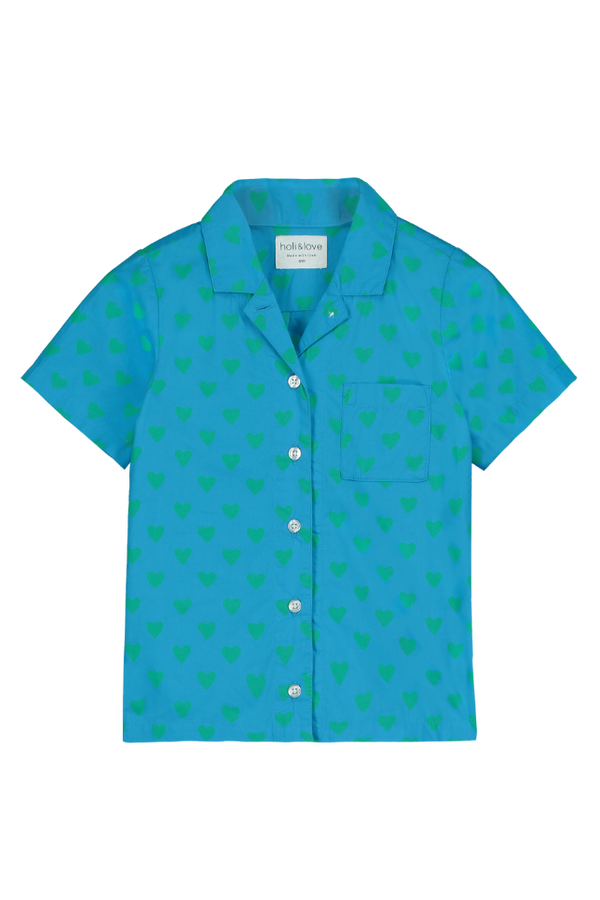 Chemise ARI manches courtes pour enfant en coton 100% bio certifié GOTS mixte unisexe style vintage imprimé bleu cœurs verts, vue recto