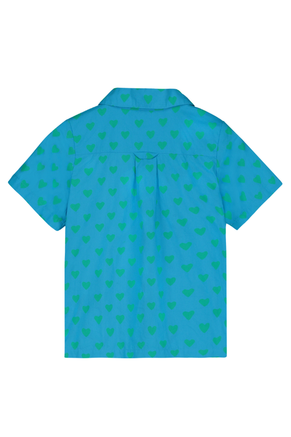 Chemise ARI manches courtes pour enfant en coton 100% bio certifié GOTS mixte unisexe style vintage imprimé bleu cœurs verts, vue verso