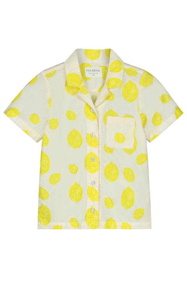 Chemise ARI manches courtes pour enfant en coton 100% bio certifié GOTS mixte unisexe style vintage imprimé citrons, vue recto