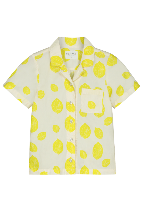Chemise ARI manches courtes pour enfant en coton 100% bio certifié GOTS mixte unisexe style vintage imprimé citrons, vue recto