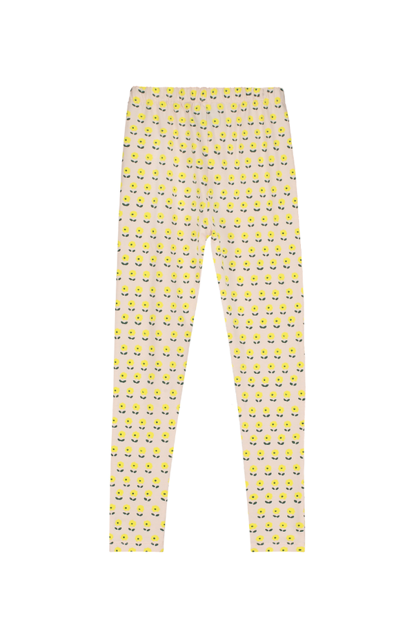 Legging taille élastique pour enfant en coton 100% bio certifié GOTS mixte unisexe style vintage imprimé petites fleurs jaunes, vue recto