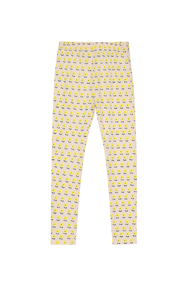 Legging taille élastique pour enfant en coton 100% bio certifié GOTS mixte unisexe style vintage imprimé petites fleurs jaunes, vue verso