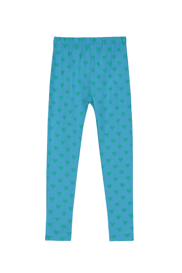 Legging taille élastique pour enfant en coton 100% bio certifié GOTS mixte unisexe style vintage imprimé bleu cœurs verts, vue recto