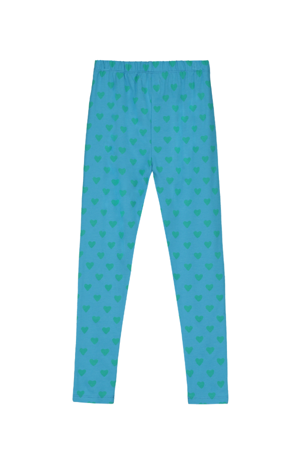 Legging taille élastique pour enfant en coton 100% bio certifié GOTS mixte unisexe style vintage imprimé bleu cœurs verts, vue verso