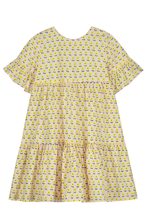Robe longue babydoll EDNA  pour enfant en coton 100% bio mixte unisexe style vintage imprimé petites fleurs jaunes, vue recto