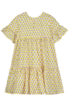Robe longue babydoll EDNA  pour enfant en coton 100% bio mixte unisexe style vintage imprimé petites fleurs jaunes, vue verso