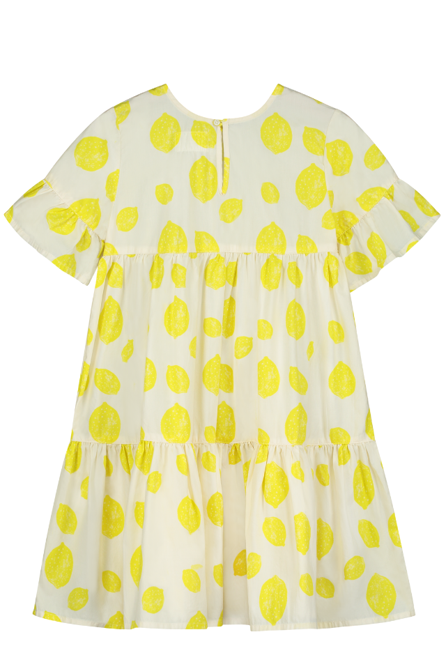 Robe longue babydoll EDNA  pour enfant en coton 100% bio mixte unisexe style vintage imprimé citrons, vue vers