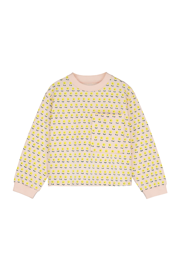 Sweatshirt MICHEL en coton 100% bio mixte unisexe style vintage imprimé petites fleurs jaunes, vu recto