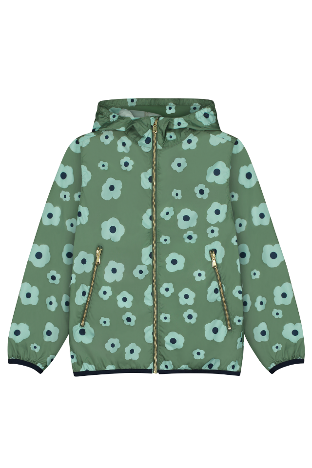 Coupe-vent à capuche et poches REMY pour enfant en coton 100% bio mixte unisexe style vintage imprimé grandes fleurs vertes, vu recto
