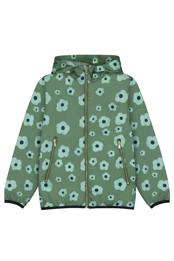 Coupe-vent à capuche et poches REMY pour enfant en coton 100% bio mixte unisexe style vintage imprimé grandes fleurs vertes, vu recto