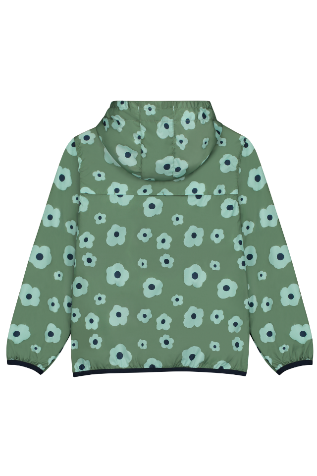 Coupe-vent à capuche et poches REMY pour enfant en coton 100% bio mixte unisexe style vintage imprimé grandes fleurs vertes, vu verso