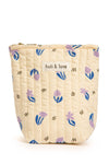 Petite trousse en coton, fermeture avec tirette, imprimé beige motif petites fleurs lilas